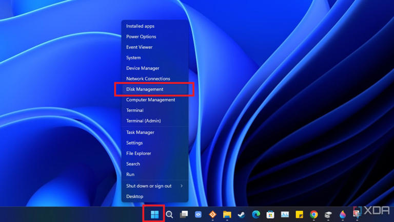 screenshot of windows 11 start menu right-click menu with disk management highlighted