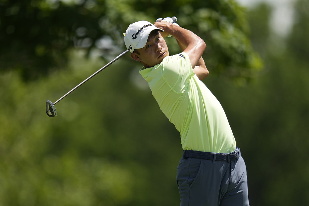 <p>Collin Morikawa hits from the fifth tee during the final round of the Memorial golf tournament, Sunday, June 9, 2024, in Dublin, Ohio. </p>