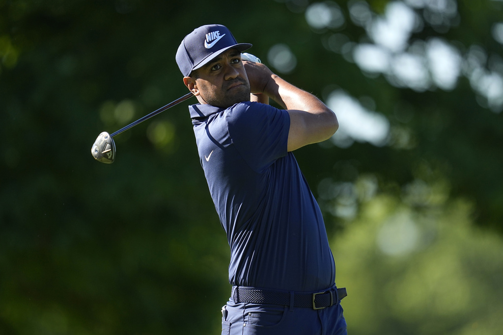 <p>Tony Finau watches his shot from the fifth tee during the second round of the Memorial golf tournament, Friday, June 7, 2024, in Dublin, Ohio. </p>