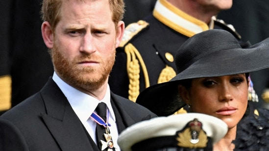 Britain's Meghan, Duchess of Sussex, cries as she, Prince Harry, Duke of Sussex, Queen Camilla and King Charles attend the state funeral and burial of Britain's Queen Elizabeth, in London, Britain, September 19, 2022.