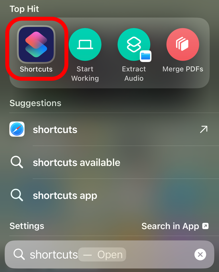 Selecting Shortcuts app in iPhone Search.