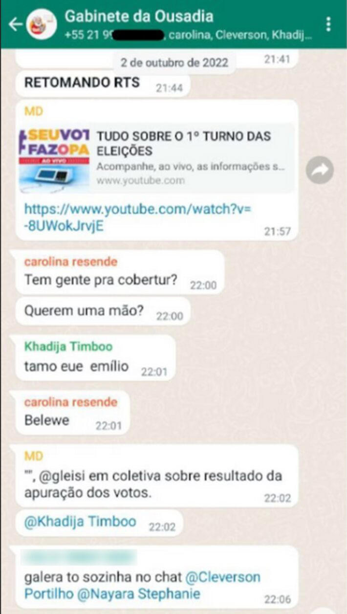 Grupo de WhatsApp da equipe que trabalhava redes sociais para o PT durante a campanha de 2022 Foto: Reprodução