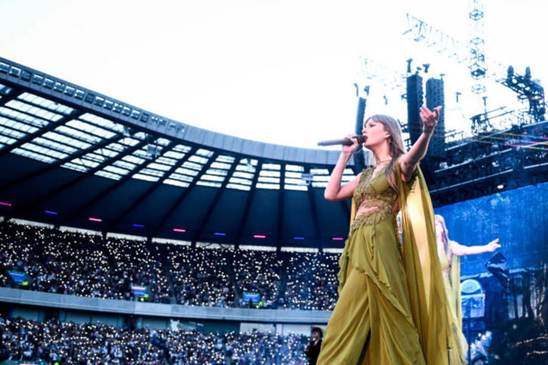 Taylor Swift performing outdoors in Edinburgh, Scotland on June 7, 2024. Fans have been stunned by footage of Eras Tour U.K. dates where parts of the show are taking place in daylight.