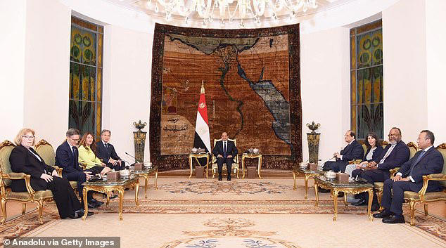 US Secretary of State Antony Blinken (4th L) meets with Egyptian President Abdel Fattah el-Sisi (C) in Cairo, Egypt on June 10, 2024