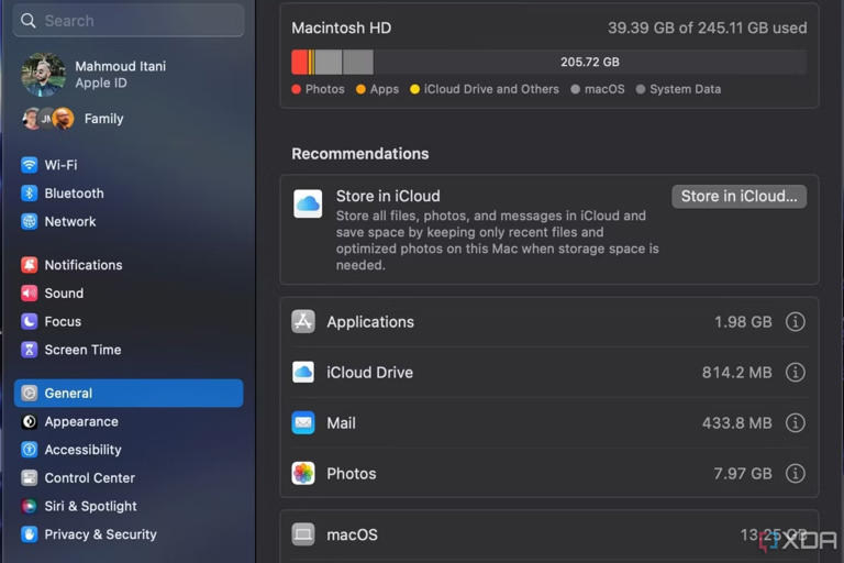 macOS screenshot that shows a breakdown of storage consumption in the Settings app