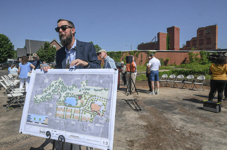 Blake Sanders, Studio Main, speaks about the landscape design during the Restoration and Redevelopment of the Historic Chiquola Mill Site announcement in Honea Path, S.C. Wednesday, May 22, 2024.