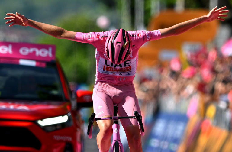Tadej Pogačar(UAE Team Emirates) celebrates at finish line as stage winner during stage 20 at the Giro d'Italia 2024