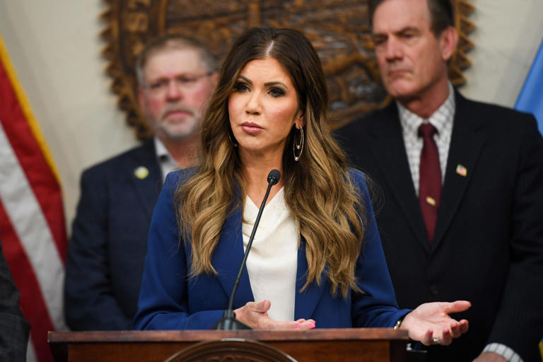 South Dakota Governor Kristi Noem discusses the drug cartel presence in the state’s tribal lands during press conference on Friday, May 17, 2024, at the South Dakota State Capitol in Pierre, South Dakota.