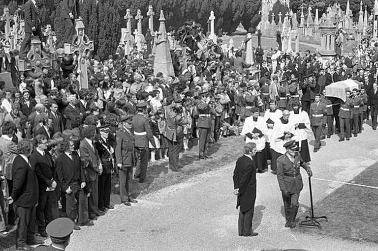 The remains of President Eamonn de Valera being brought for burial at Glasnevin Cemetery in 1975. De Valera is one of a number of prominent Irish people to be laid to rest at the cemetery