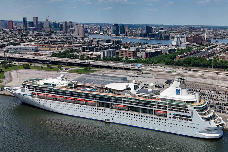 Jerry Jackson/Baltimore Sun/Tribune News Service/Getty Images Royal Caribbean's Vision of the Seas is preparing for the first cruise out of Baltimore since the collapse of the Francis Scott Key Bridge, on May 24, 2024.