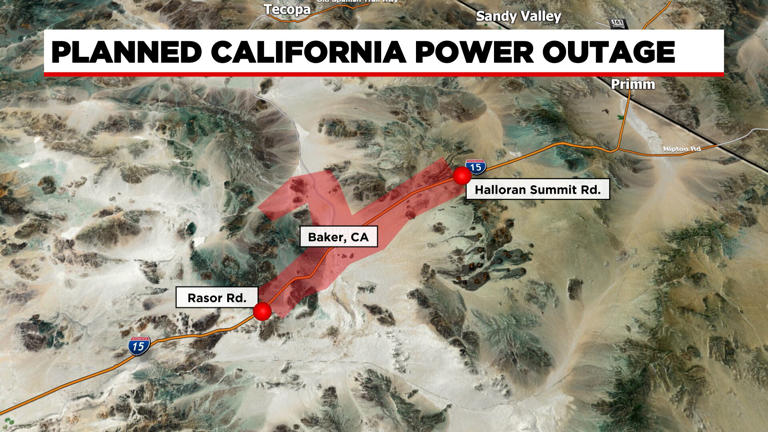 Drivers that are leaving Primm or heading up to Las Vegas Wednesday should prepare with a full charge or tank of gas with cellphones fully charged as a 12-hour outage hits Baker, California.