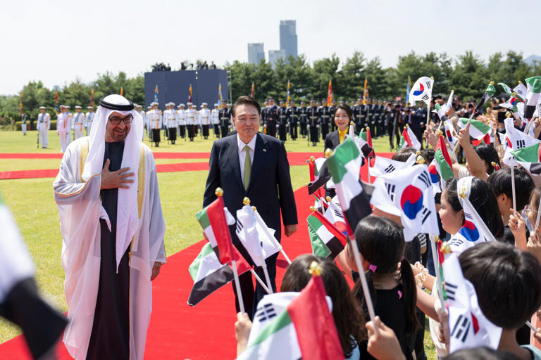 President Sheikh Mohamed and South Korean President Yoon Suk Yeol at a welcoming ceremony in Seoul. Reuters