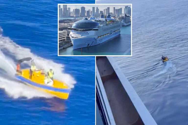 Video taken by passengers shows a rescue boat setting out to find the man who jumped from the massive vessel