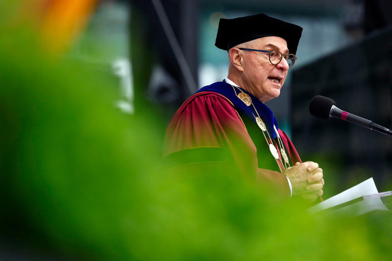 Northeastern University President Joseph E. Aoun spoke during the Class of 2024 commencement at Fenway Park on May 6.