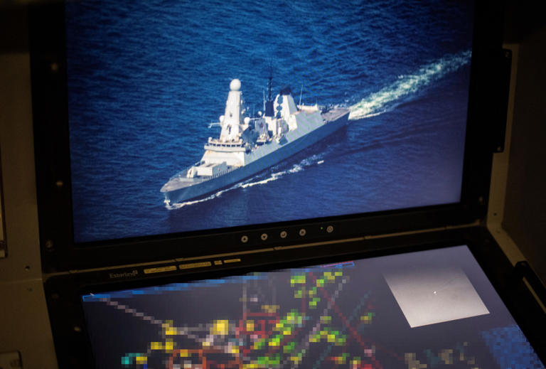 This photograph shows an allied boat on a surveillance camera of the French navy patrol airplane Atlantique 2, during a mission above the Baltic Sea on June 16, 2022. The region is emerging as a key battlefield in the showdown between Russia and its Western adversaries.