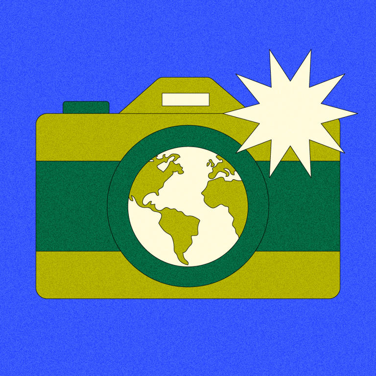 Illustration of camera with image of earth within lens