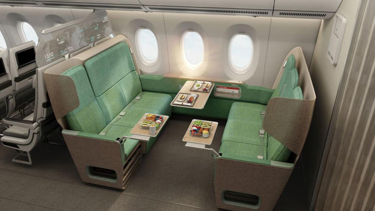 The Crystal Cabin Awards spotlight aviation innovation. Among this year's nominees was Ameco's Fly-Buddy Hub, which imagines a reconfigured economy cabin allowing travellers to sit opposite one another. Here's a rendering from Ameco of what the design might look like.