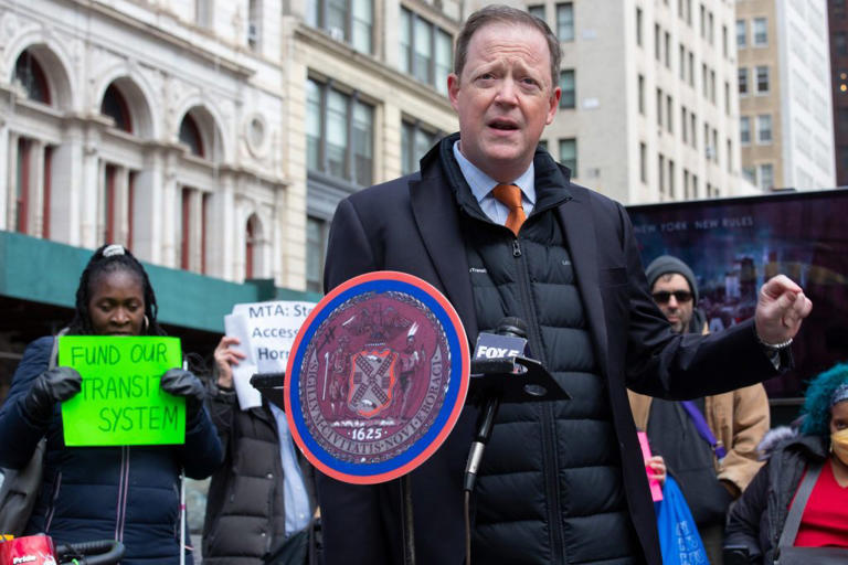 MTA transit president Richard Davey speaks at a rally for improved paratransit ahead of a City Council hearing on Access-a-Ride, Feb. 24, 2023.