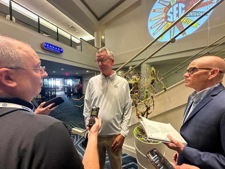 Alabama AD Greg Byrne meets with reporters at the 2024 SEC spring meetings in Destin.