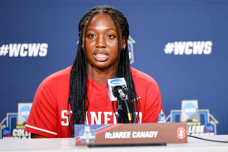 Stanford’s NiJaree Canady speaks the the press during the practice and media day for the Women's College World Series at Devon Park in Oklahoma City, on Wednesday, May 29, 2024.
