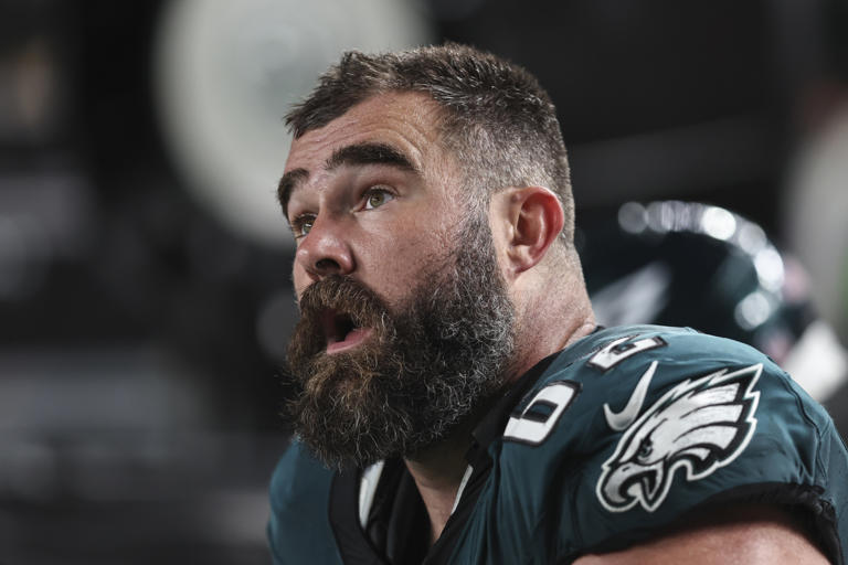 Jason Kelce #62 of the Philadelphia Eagles reacts on the sidelines during an NFL football game between the Philadelphia Eagles and the Minnesota Vikings at Lincoln Financial Field on September 14, 2023 in Philadelphia, Pennsylvania. Kelce made headlines in May 2024 after fans analyzed his not-so-subtle glance at the camera when discussing a specific movie reference with brother Travis Kelce.