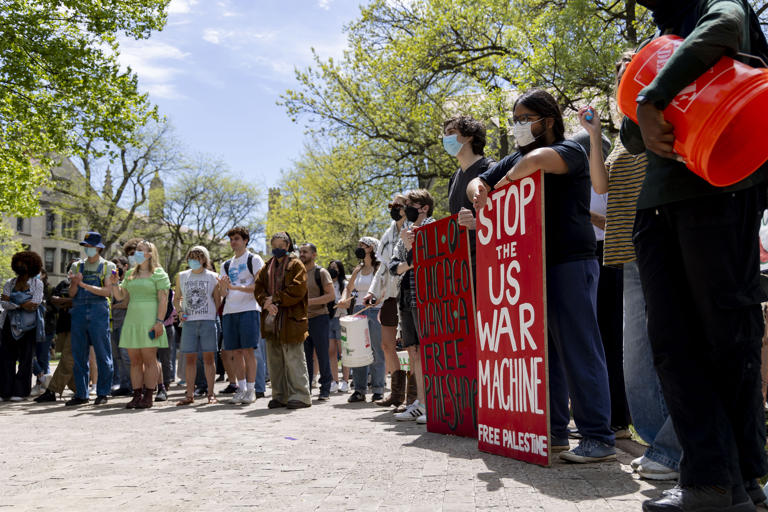 University of Chicago students and community members gather at an encampment on campus, May 1, 2024, in support of Gaza and the Palestinian people.