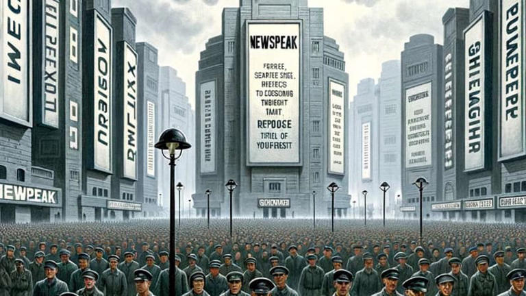 An AI-generated image using the prompt, “Illustration depicting the role of Newspeak in controlling the people of Oceania in George Orwell’s 1984.