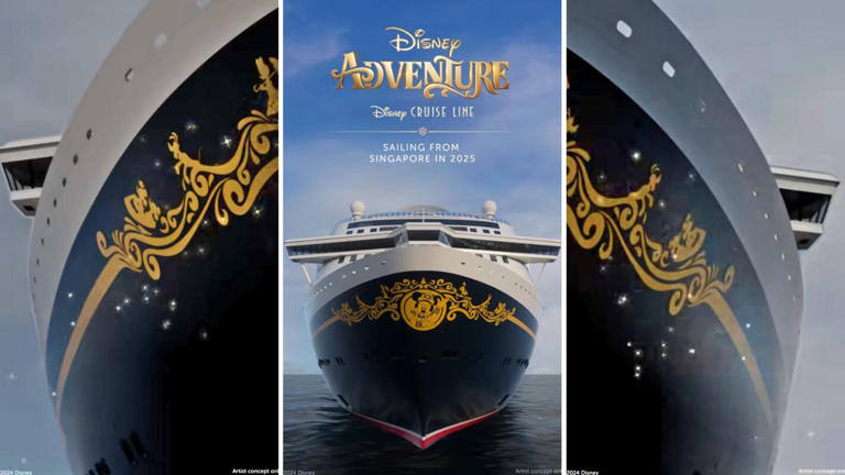 Disney Cruise Line has revealed the bow art for the Disney Adventure, which will set sail from Singapore in 2025. Disney Adventure Bow Captain Mickey is in a medallion at the center of the golden art. The filigree around the medallion features the silhouettes of Mickey and his friends. See the full reveal on the ... Read more