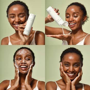 Woman using skincare product: holding the bottle, pouring into hand, applying foam, and smiling with clean face