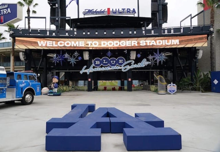 Apr 22, 2021; Los Angeles, California, USA; A general overall view of the Los Angeles Dodgers LA logo outside the outfield pavilion at Dodger Stadium. Mandatory Credit: Kirby Lee-USA TODAY Sports