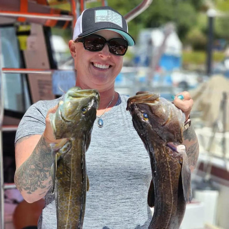 Avid angler Niki Rothwell hoists her limit of lings aboard the beautiful Miss Beth this week, on a trip with Go Fish Santa Cruz Charters. (Contributed)