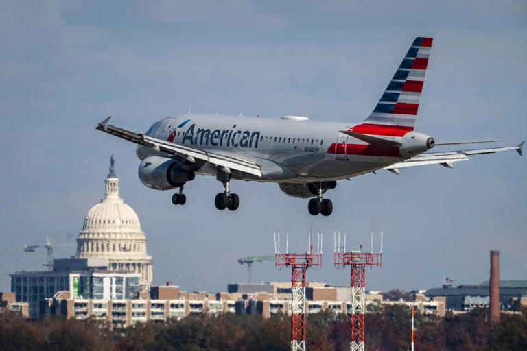 An American Airlines flight pictured landing at the Ronald Reagan Washington National Airport outside of Washington, DC