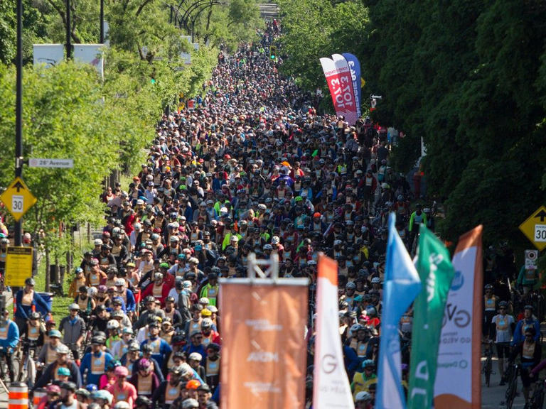A mass of cyclists on Rosemont Blvd. during the 38th Tour de l'île de Montréal in Montreal Sunday, June 4, 2023.  