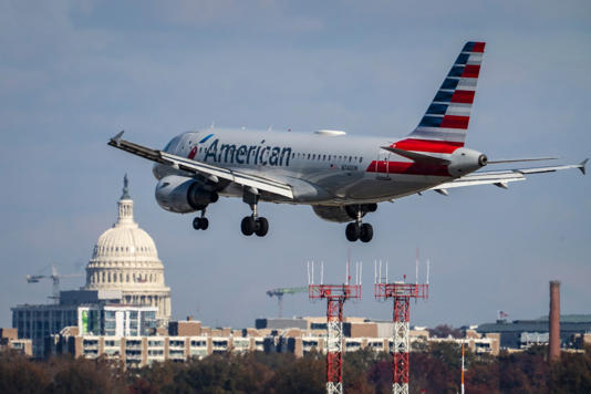 An American Airlines flight pictured landing at the Ronald Reagan Washington National Airport outside of Washington, DC