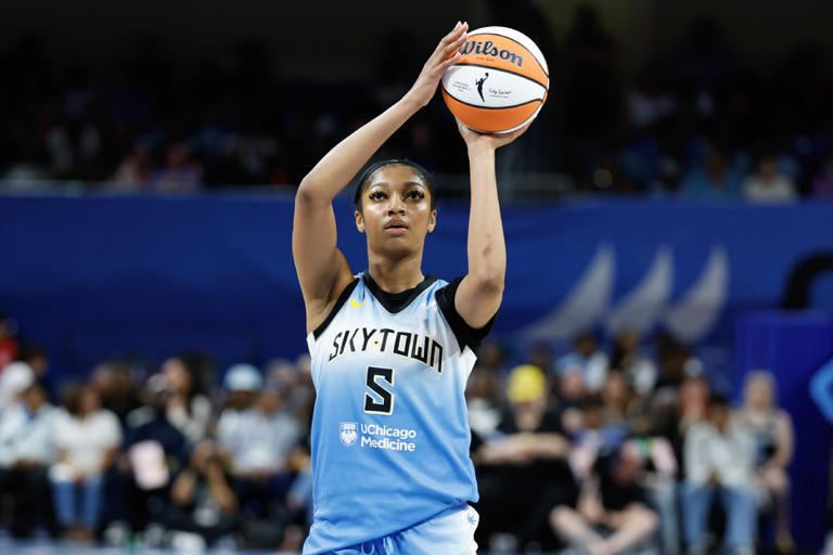 Chicago Sky forward Angel Reese (5) shoots a free throw against the Connecticut Sun during the second half of a WNBA game at Wintrust Arena. Kamil Krzaczynski-USA TODAY Sports