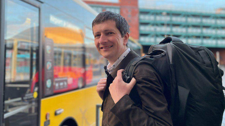 Andrew Cowell's latest trip will involve 84 buses and a ferry