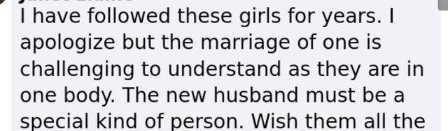 炸裂，连体双胞胎艾比亨赛尔终于分享婚礼照片，新郎笑开了花