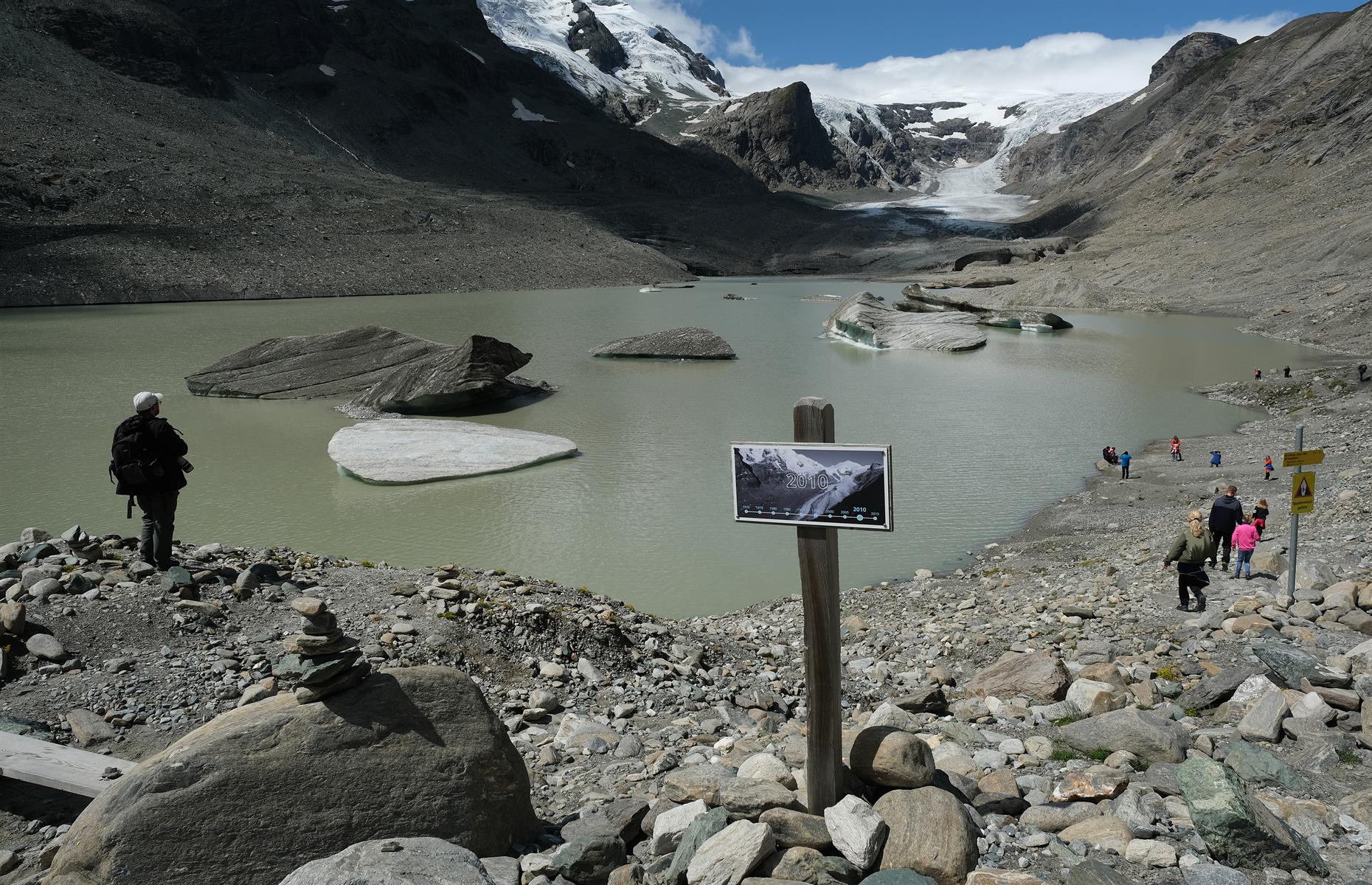 <p>One of Europe's rapidly retreating glaciers is the Pasterze Glacier, Austria’s largest, which has lost half its volume since the 1850s. This image shows a sign where the Pasterze Glacier reached in 2005. Along with others, it has been receding due to higher summer temperatures and lower winter snowfall. Switzerland held a 'mourning ceremony' on its evaporating Pizol glacier in 2019 – the glacier in the Glarus Alps has lost up to 90% of its volume since 2006.</p>