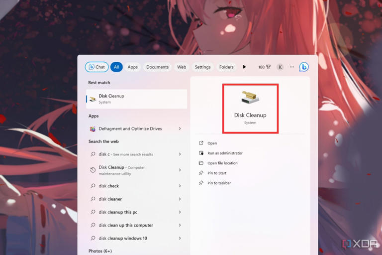 A screenshot showing the highlighted Disk Cleanup utility on Windows Start menu.