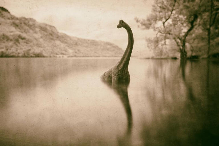A toy dinosaur standing in as Nessie.