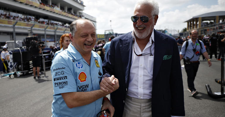 Owner of Aston Martin F1 Team Lawrence Stroll (R) shakes hands with Ferrari Team Principal Frederic Vasseur on the grid prior to the F1 Grand Prix of Miami at Miami International Autodrome on May 05, 2024 in Miami, Florida.