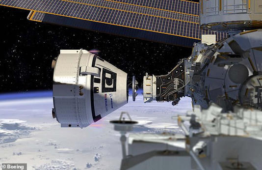 Above, a NASA/Boeing artist's concept of the Boeing CST-100 Starliner as it would dock with the International Space Station (ISS), following a presumed successful launch Saturday