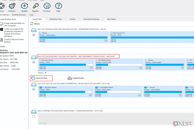 A sceenshot of Macrium Reflect with the source drive highlighted