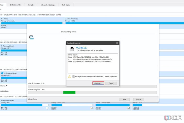 A screenshot of Macrium Reflect with the Confirm Override pop-up window highlighted