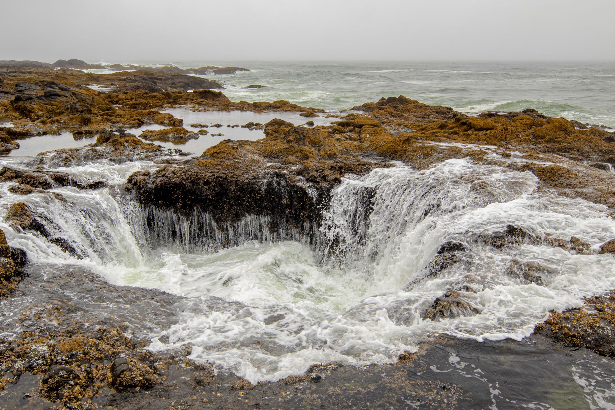 <p><b>Average Summer Temperature:</b> 60–70°F  (15.5–21°C)</p><p>Located on the edge of the Oregon Coast near Cape Perpetua, Thor's Well is a spectacular natural saltwater fountain and a refreshing escape from the summer inferno.</p><p><a href="https://www.yachatsoregon.org/295/Thors-Well#:~:text=The%20site%20is%20most%20spectacular,how%20the%20formation%20fills%20up.">Thor’s Well</a> is best viewed at high tide or during stormy weather, when waves crash into the hole, creating dramatic water spouts. For the best experience, plan your visit around the tidal schedule and always check weather conditions.</p><p><b>Tip: </b>Safety is crucial here — stay on the marked trails and keep a safe distance from the edge, as the area can be slippery and waves unpredictable. </p>