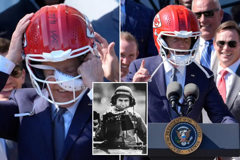 Biden awkwardly dons Chiefs helmet during team’s White House visit in echo of Michael Dukakis gaffe