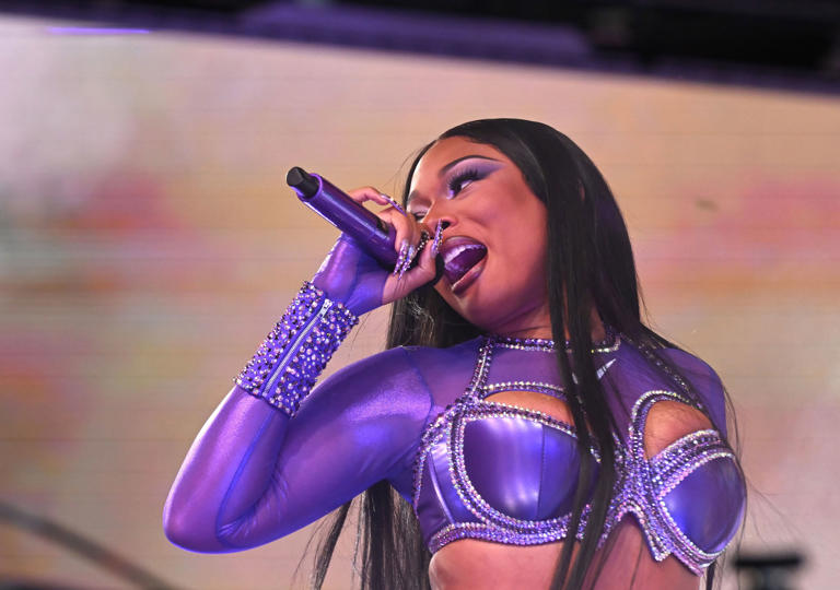 NEW YORK, NEW YORK - DECEMBER 31: Megan Thee Stallion performs during the Times Square New Year's Eve 2024 Celebration on December 31, 2023 in New York City. (Photo by Noam Galai/Getty Images)