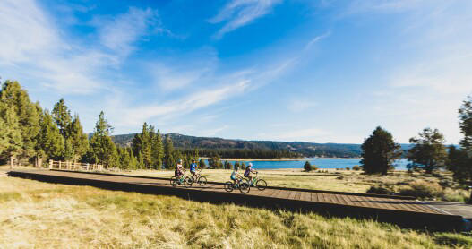 Cyclists have the choice of flat lakeside trails or challening downhill runs in Big Bear.