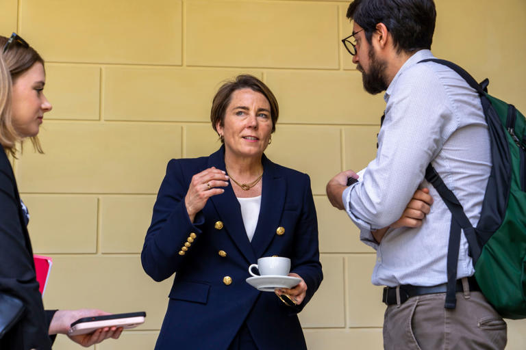 Governor of Massachusetts Maura Healey talks to reporters during a break of the opening session of the "From Climate Crisis to Climate Resilience," a three-day summit at The Vatican, on May 15.