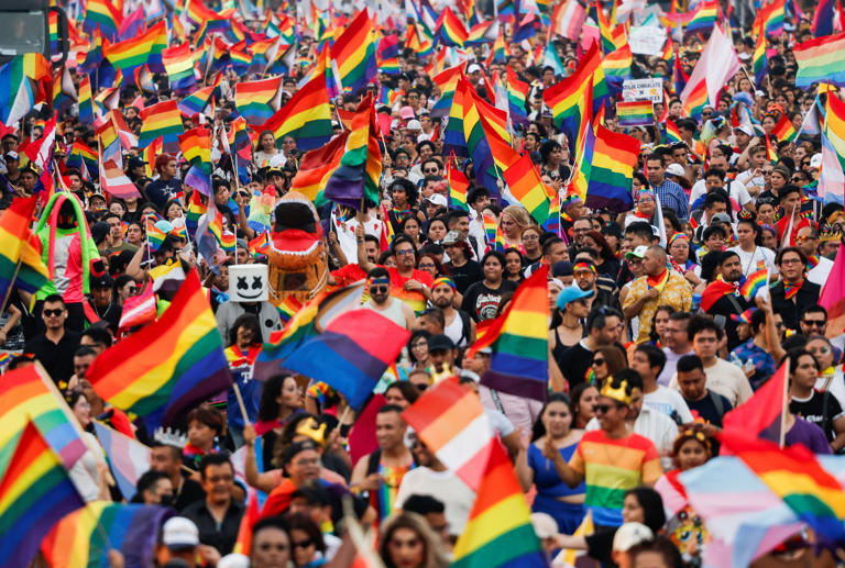 Participants take part in the LGBTQ+ pride parade named the Diversity March, in Monterrey, Mexico May 25, 2024. REUTERS/Daniel Becerril